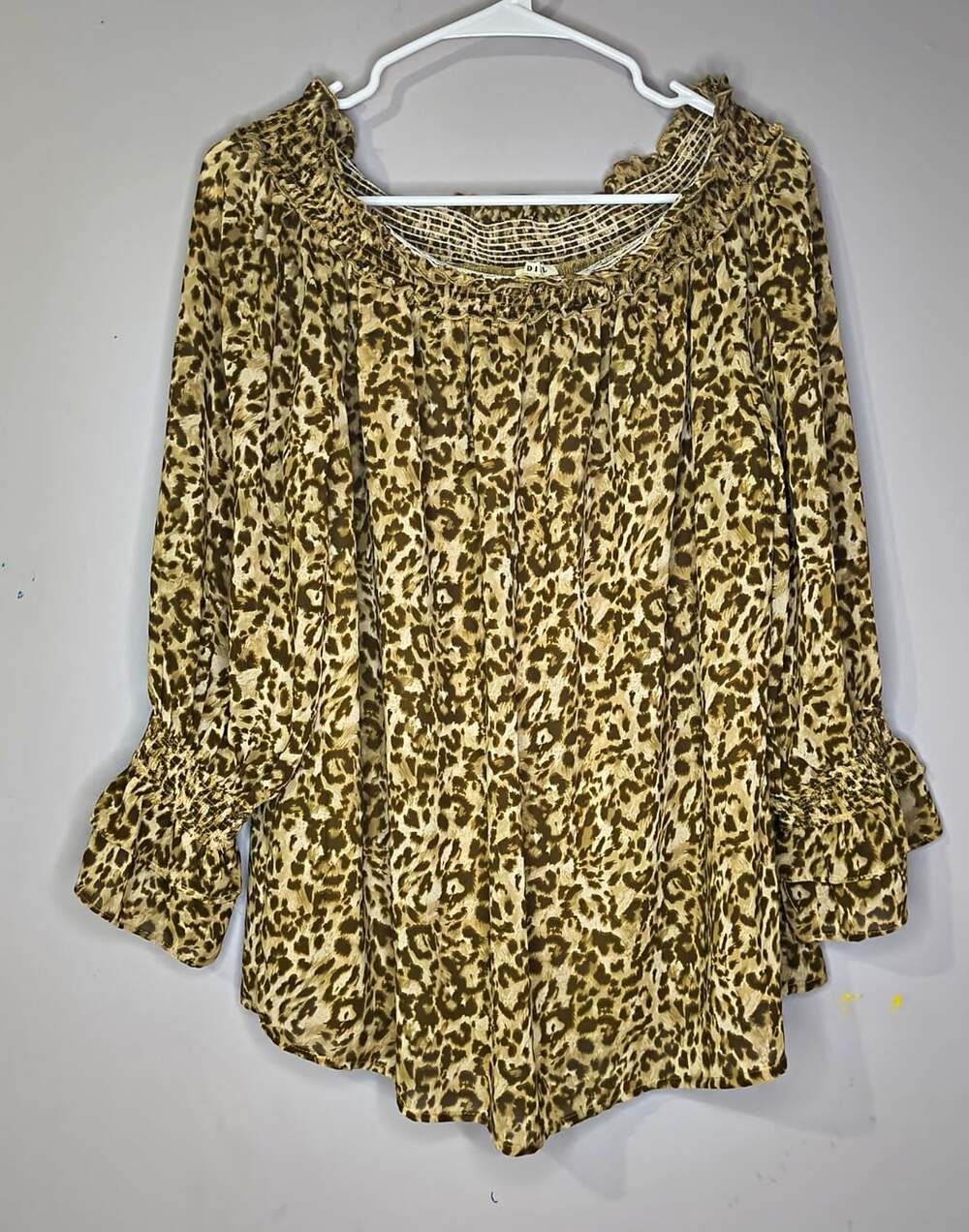 Jodifl Women's Leopard Off-the-Shoulder Smocked Bell Sleeve Lined Blouse M